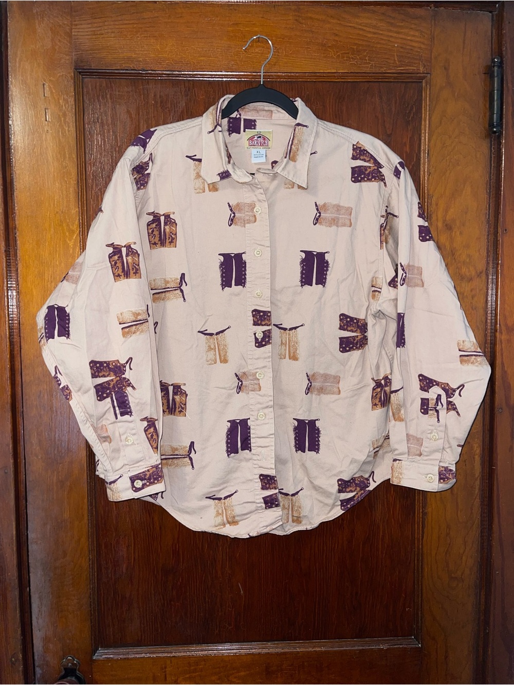 Vintage Barn Fly long-sleeve western chaps print button-up shirt